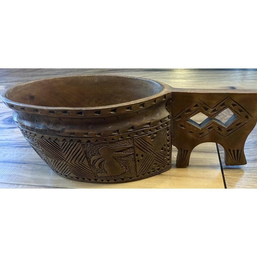 Vtg Yugoslavia Hand Carved Wooden Bowl Basket Rabbit Motif‎ Folk Art Decor MCM